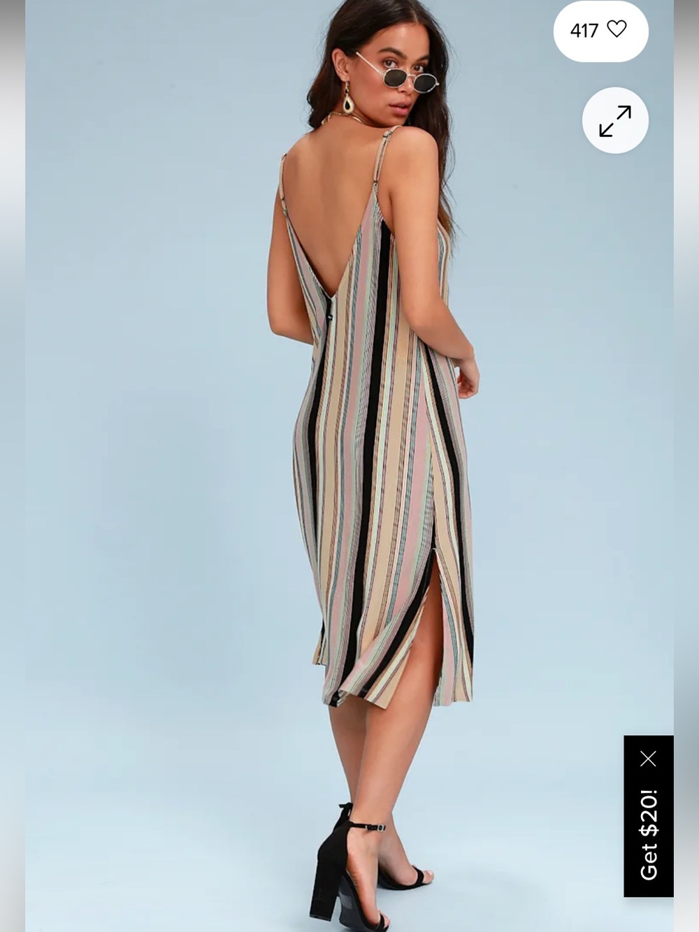 RVCA Multi-Striped Midi Slip Dress in Black, Beige, Pink & Blue